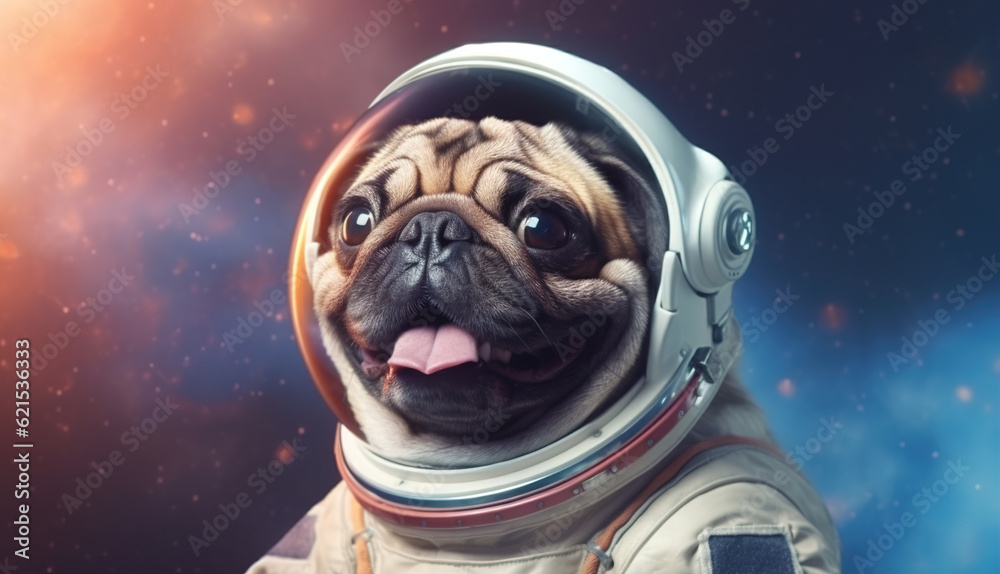 Dog astronaut in space close-up. AI generation