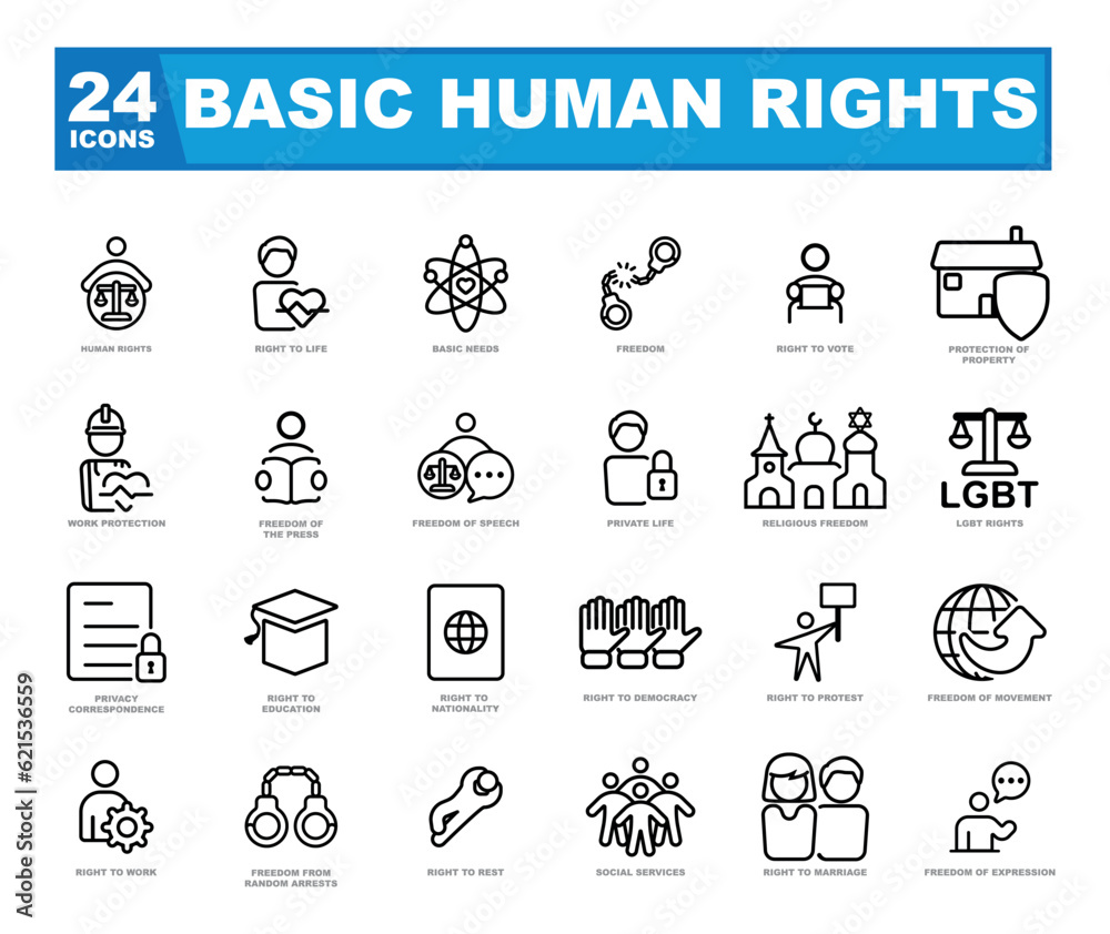 Icons related to human rights. Outline icon collection. For freedom for human rights.
