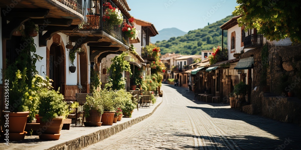 AI Generated. AI Generative. Beautiful romantic love Italian Europe street walk view. Plants flowers adventure travel vacation city vibe. Graphic Art