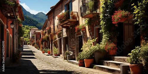 AI Generated. AI Generative. Beautiful romantic love Italian Europe street walk view. Plants flowers adventure travel vacation city vibe. Graphic Art