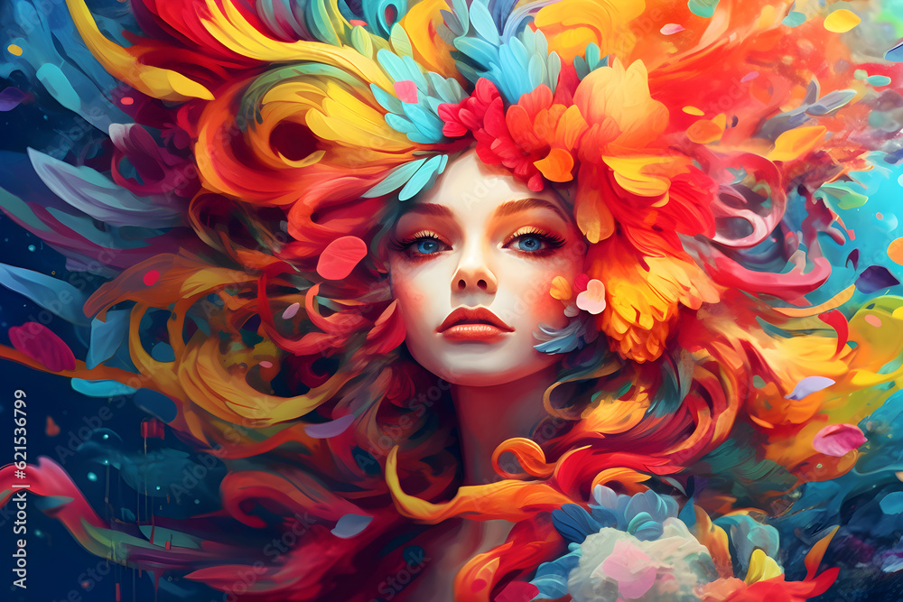 Beautiful young woman with colourful hair and bright make-up. AI Generative