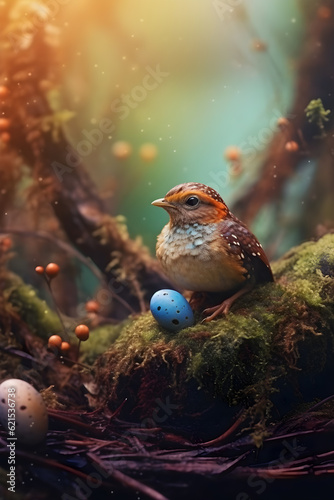 Cute little bird with colourful Easter eggs on the mossy background. AI Generative