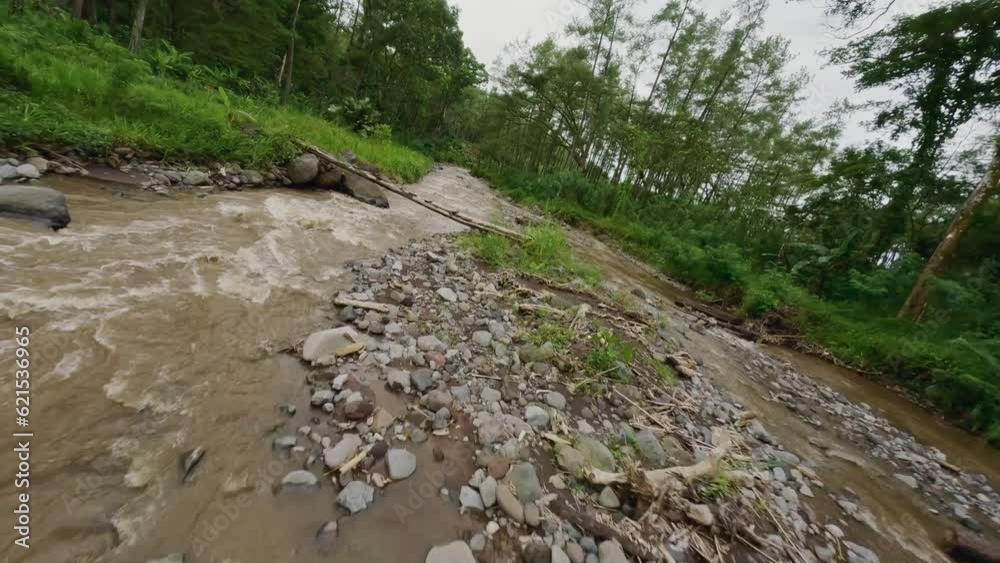 Low dynamic flying over speed water stream mountain river creek at green lush natural jungle forest vegetation aerial view. FPV sport drone extreme shot at Asian rainforest pond cloudy rainy weather Low dynamic flying over speed water stream mountain river creek at green lush natural jungle forest vegetation aerial view. FPV sport drone extreme shot at Asian rainforest pond cloudy rainy weather