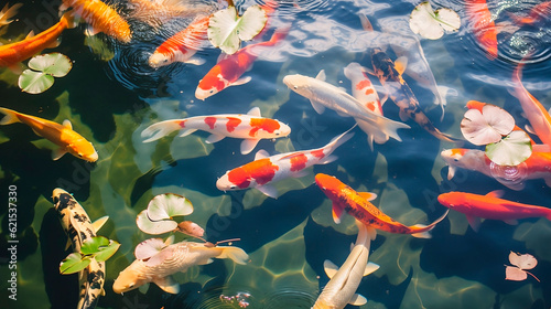 River pond decorative orange underwater fishes nishikigoi. Aquarium koi Asian Japanese wildlife colorful landscape nature clear water photo
