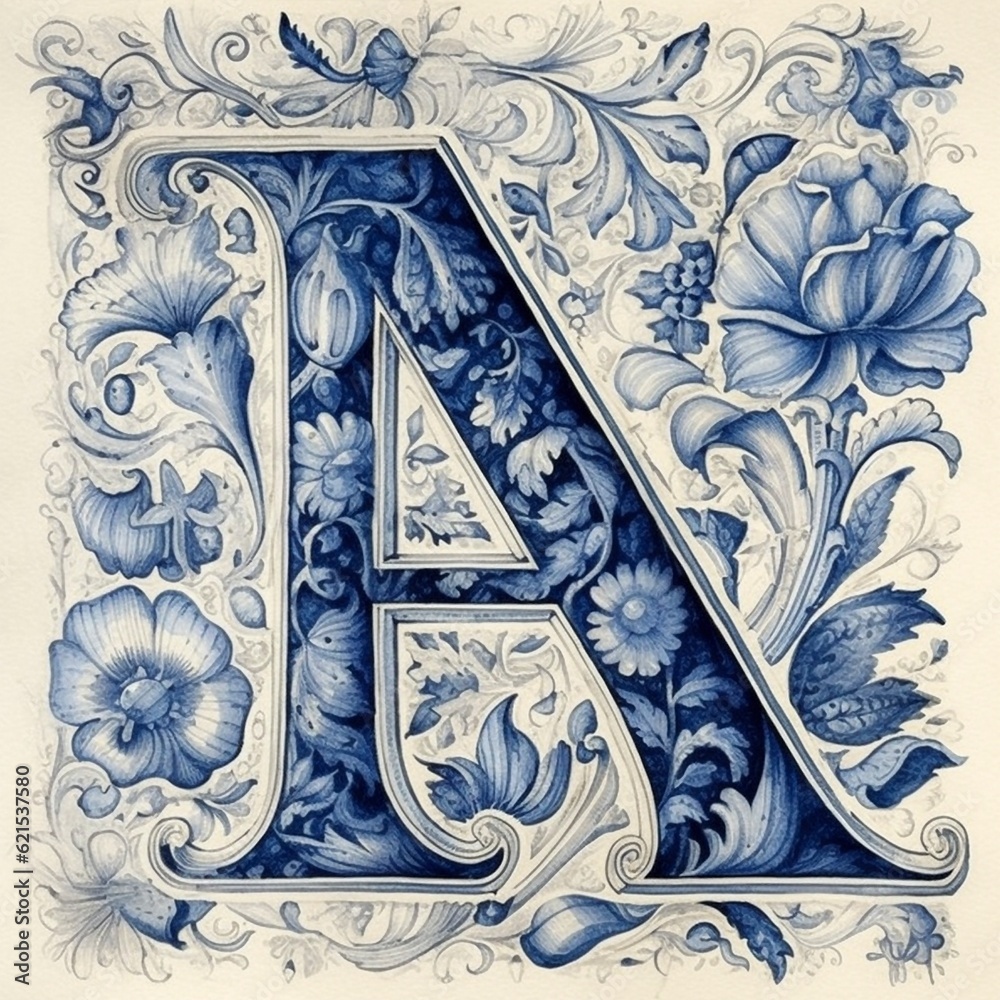 Blue Dutch delft style letter A - obrazy, fototapety, plakaty 