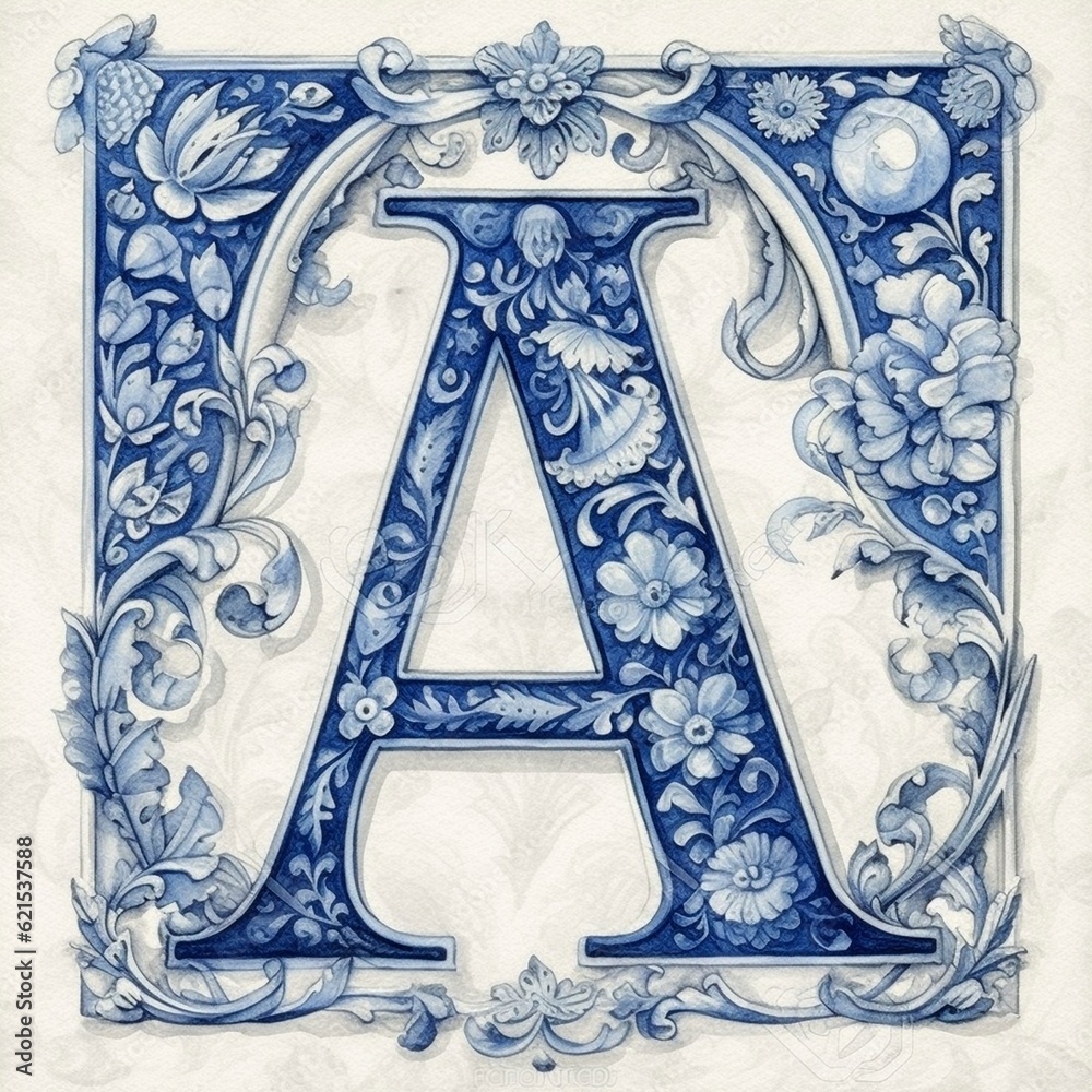 Blue Dutch delft style letter A - obrazy, fototapety, plakaty 