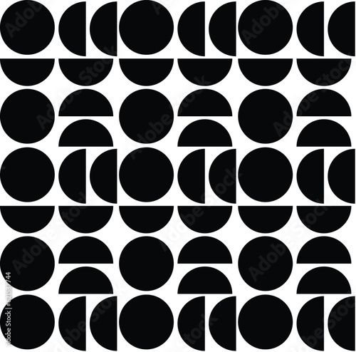 Abstract vector geometric pattern with black circles on isolated white background in retro style.