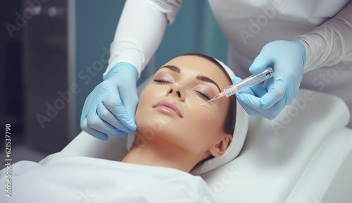 Female client during facial filler injections in medical clinic.Beauty Injection. Anti Aging Non Surgical Mesotherapy For Young Woman's Face In Cosmetic Salon. Beautician's Hands With Syringe. 