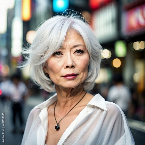 Mature Japanese woman, platinum Blonde Hair, head and shoulders portraits, plain and street scene