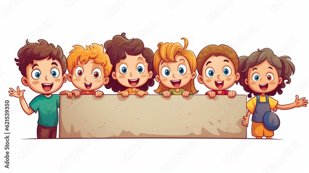 cartoon style illustration of happy cute children holding a empty board on white isolated background for children's day, Generative ai
