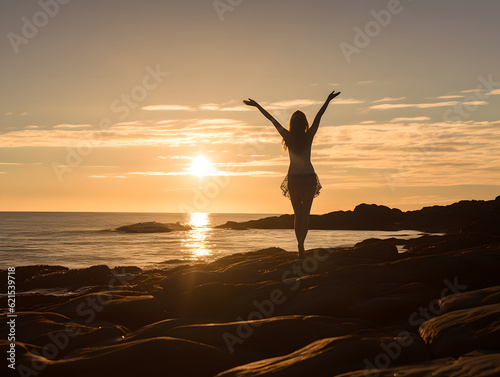 Silhouette of a happy woman spread her arms in the sunset on the beach. Happy woman standing with her back on sunset in nature. vacation vitality healthy living concept