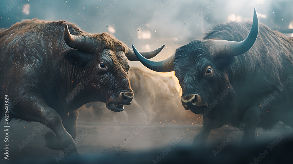 Angry bull fighting each other in cinematic scene with fire particles ...