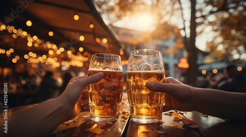 Oktoberfest, hands clinking beer glasses. Generative AI