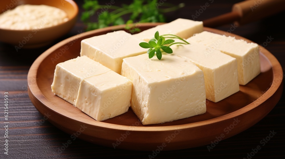 Soy cheese tofu in a plate close-up. AI generation