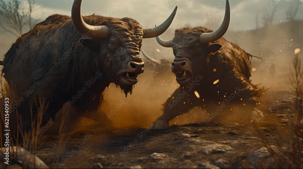 Angry bull fighting each other in cinematic scene with fire particles