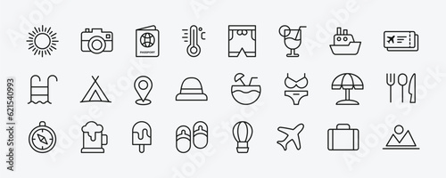 Tour and travel outline icons set vector illustration. Simple set of airport related vector line icons. Contains such icons as departure, tickets, baggage claim and more