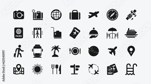 Tour and travel outline icons set vector illustration. Simple set of airport related vector line icons. Contains such icons as departure, tickets, baggage claim and more