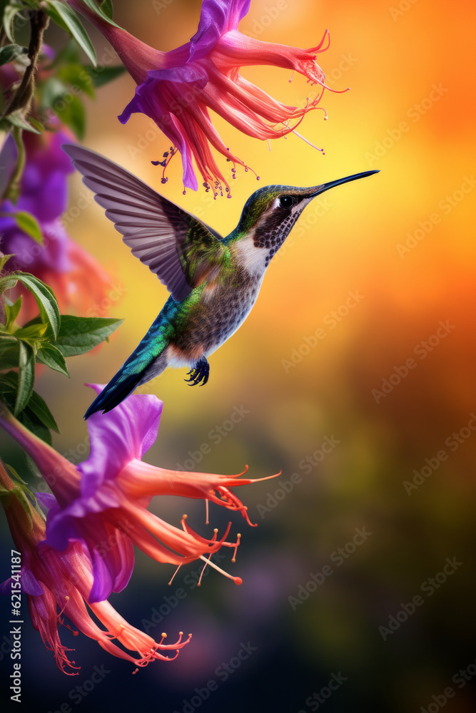 Fototapeta premium Hummingbird hovering to pick up nectar from a beautiful flower