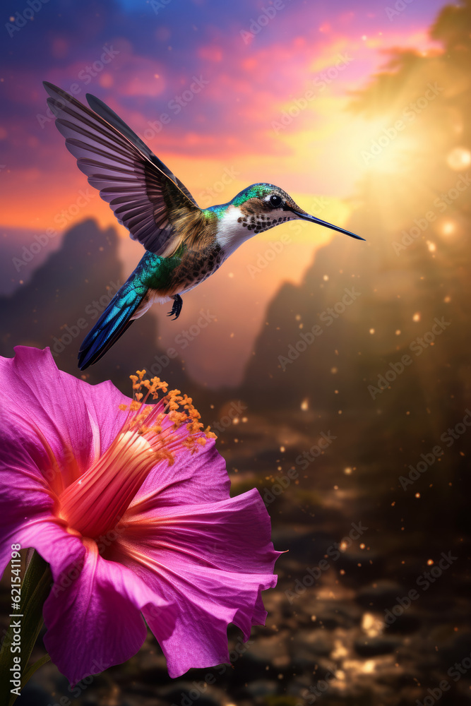 Hummingbird hovering to pick up nectar from a beautiful flower Hummingbird hovering to pick up nectar from a beautiful flower