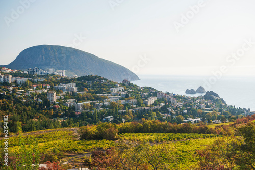 Long-range view of a resort town on the seashore on a summer or early autumn day