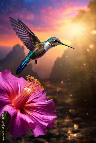 Hummingbird hovering to pick up nectar from a beautiful flower © Guido Amrein