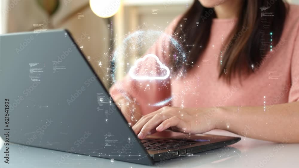 Women searching new storage alternative to computer storage using cloud or edge computing to back up data. Digital technology concept, data sheet management large database capacity and high security.