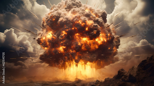 A powerful depiction of a massive explosion. Nuclear explosion of an atom bomb causing an apocalyptic Armageddon through the use of a weapon of mass destruction