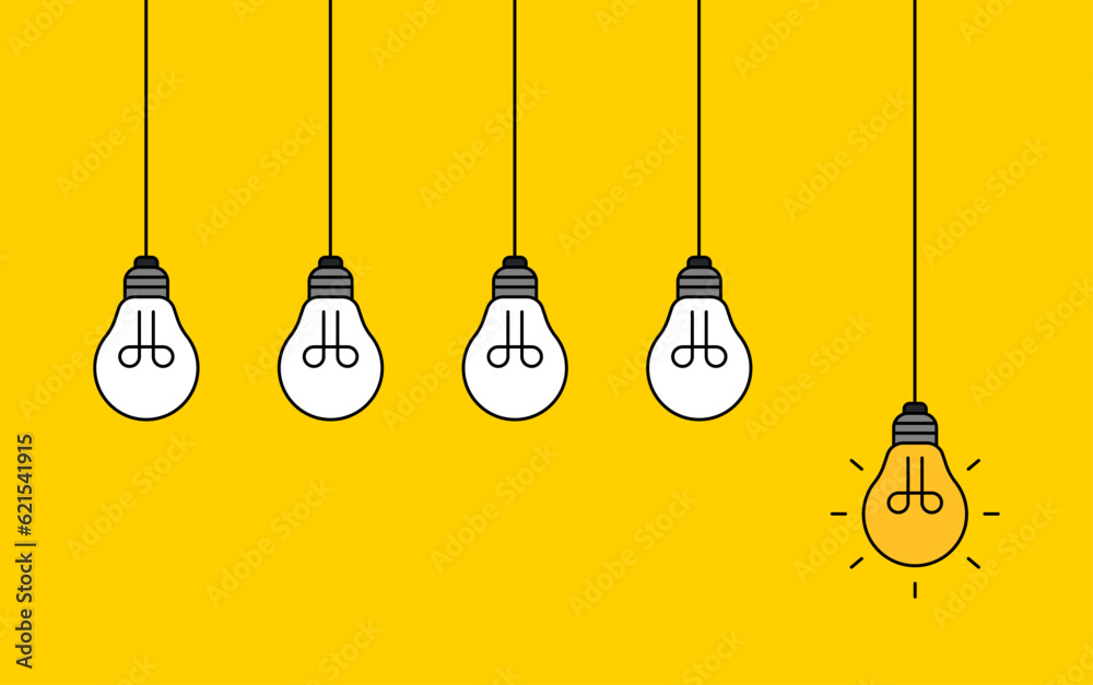 Hanging light bulbs with one glowing on white background. Concept of idea Hanging light bulbs with one glowing on white background. Concept of idea