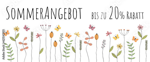 Sommerangebot bis zu 20% Rabatt - Schriftzug in deutscher Sprache. Verkaufsbanner mit liebevoll gezeichneten Blumen und Schmetterlingen.