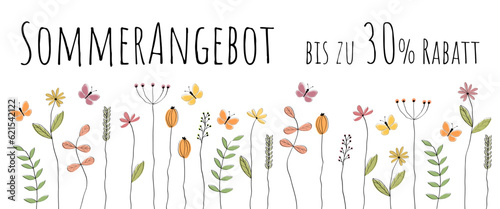 Sommerangebot bis zu 30% Rabatt - Schriftzug in deutscher Sprache. Verkaufsbanner mit liebevoll gezeichneten Blumen und Schmetterlingen.