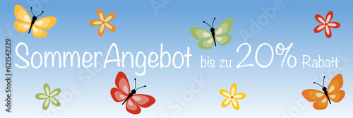 Sommerangebot bis zu 20% Rabatt - Schriftzug in deutscher Sprache. Verkaufsbanner mit einem Himmel voller Schmetterlingen und Blumen.