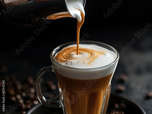 a close-up shot of a latte being poured showing the frothy top of the drink, generative ai
