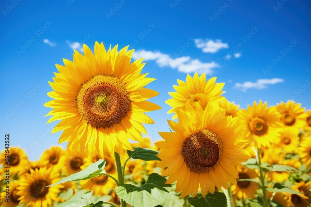 a vibrant field of sunflowers under a clear blue sky, generative ai