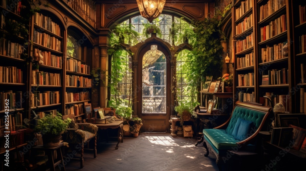 Fototapeta premium an old charming bookstore with rows of bookshelves, generative ai
