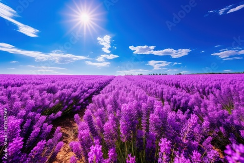 an eye-level shot of a vibrant lavender field under a clear blue sunny sky, generative ai