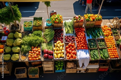 an overhead shot of a colorful farmers market with vegetables, generative ai