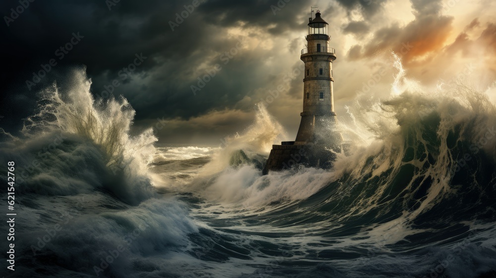 an old lighthouse against a stormy sea, generative ai