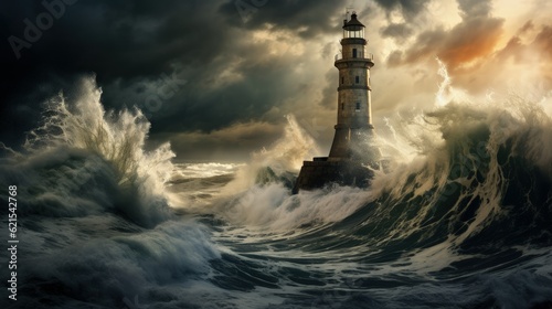 an old lighthouse against a stormy sea, generative ai