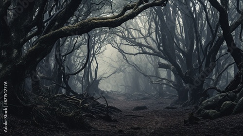 an eerie forest shrouded in fog, generative ai