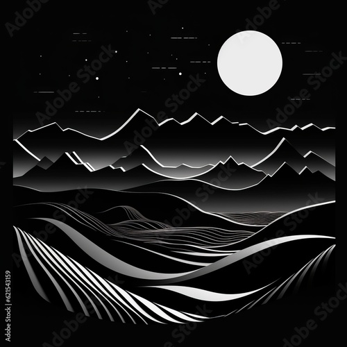 Minimalist Black And White Art Of Mountains And Moon photo