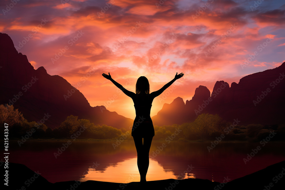 Fototapeta premium Silhouette of woman practicing mediation in beautiful landscape