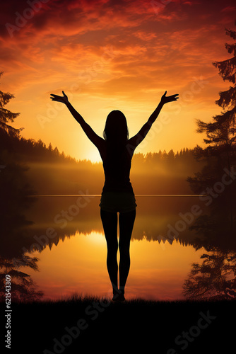 Silhouette of woman practicing mediation in beautiful landscape