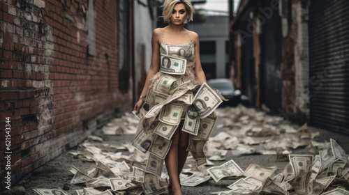 Sexy young woman wearing a dress made of money bills