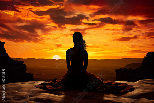 Silhouette of woman practicing mediation in beautiful landscape