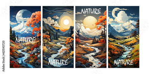 Autumn nature. Cute illustration of landscape, countryside, meadow, field of flowers, and mountains for poster, background, or cover.