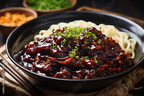 black bean sauce noodle on background photo