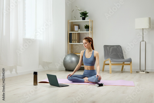 woman health home sport lotus training lifestyle video laptop mat yoga