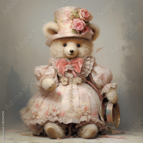 Cute bear in a pink dress. oil painting. Generative AI. 