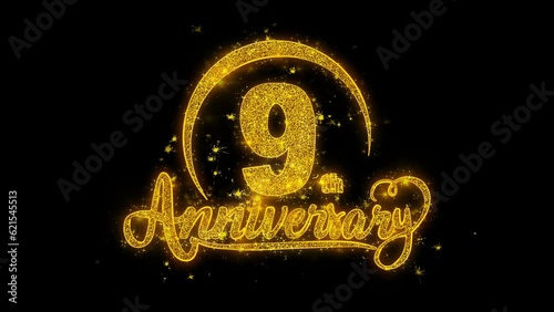9th Happy Anniversary typography text Reveal from Golden on Glitter Shiny Magic Particles Sparks. For Greeting Card, Celebration, Wishes, Events, Message, holiday, festival concept photo