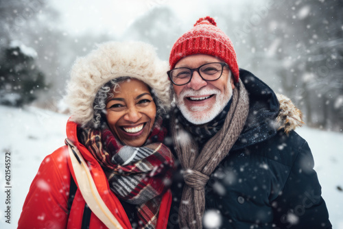 senior couple of different race taking a walk in winter, generative ai